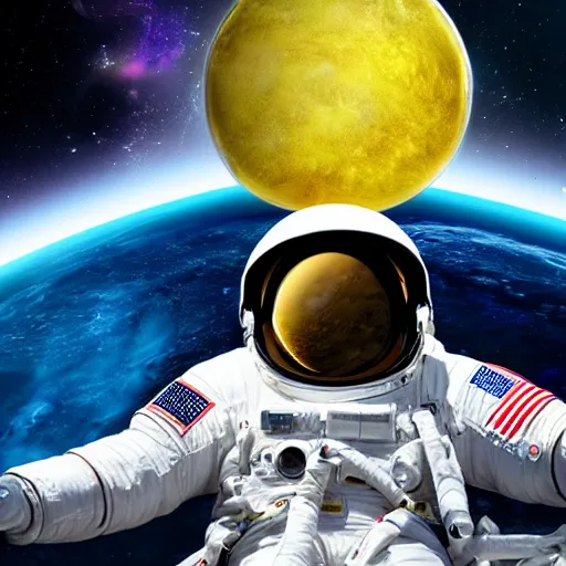 Image similar to astronaut in space, galactic background reflections on suit on one side and a yellow planet on the other side