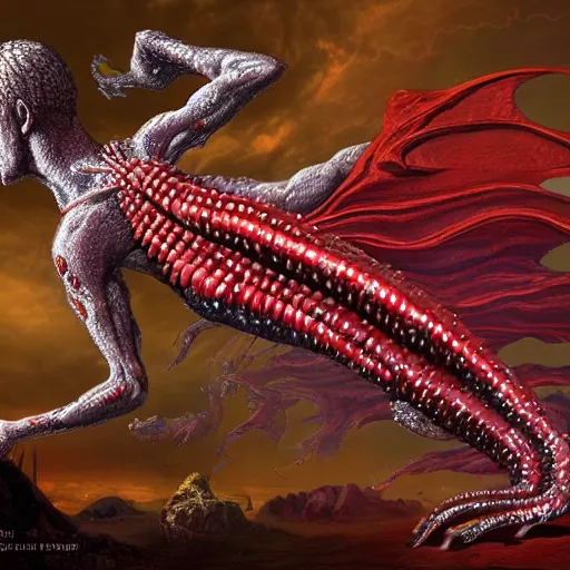 Image similar to red crystal worm with crystals jagging out of his body, fantasy, dnd, highly detailed