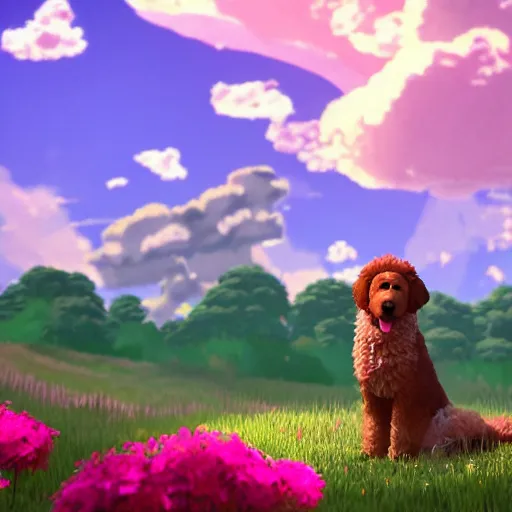 Image similar to ! dream! dream a wholesome animation key shot of a bernedoodle on a hill, fluffy pink anime clouds, studio ghibli, pixar animation, sharp, rendered in unreal engine 5, anime key art, bloom, dramatic lighting