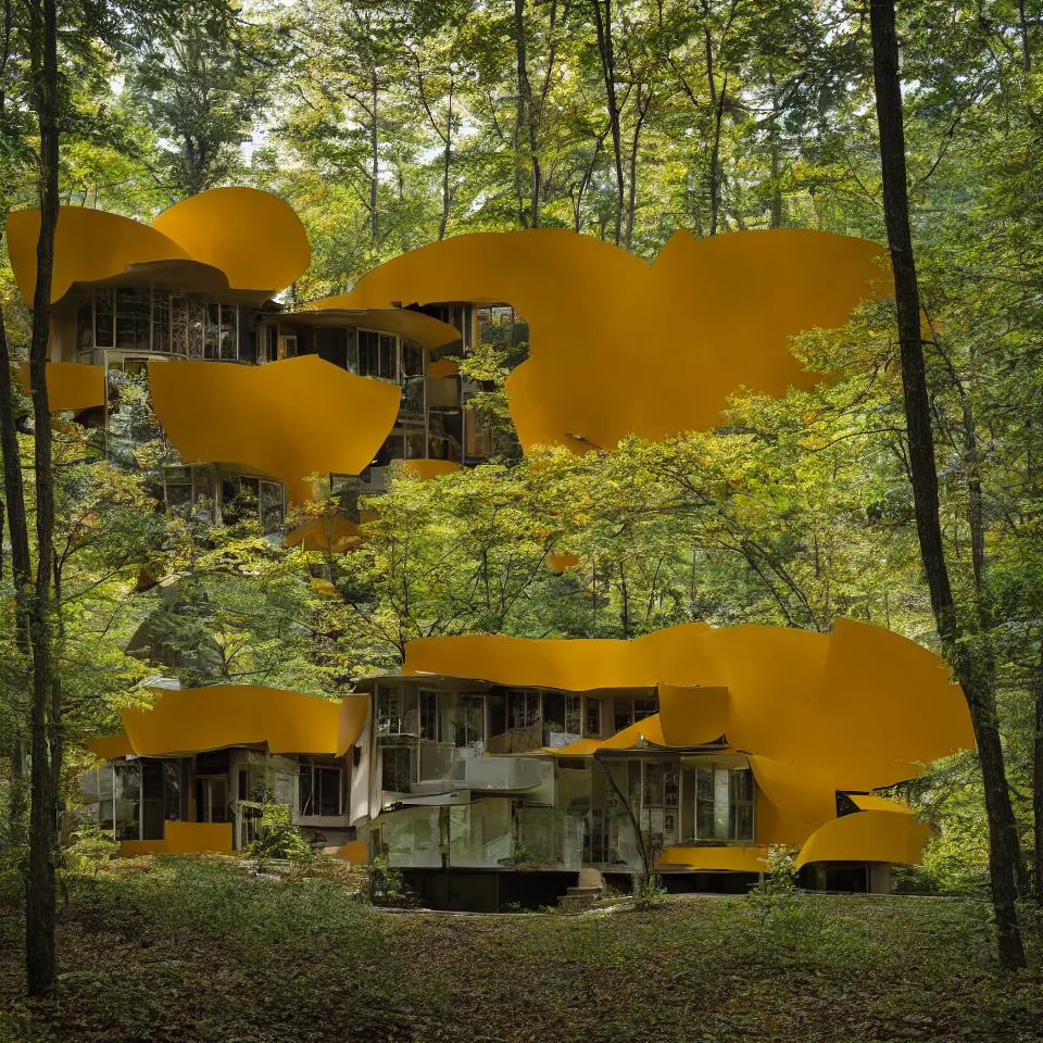 Prompt: architecture ad for a mid-century modern house in the middle of the forest, designed by Frank Gehry. Film grain, cinematic, yellow hue