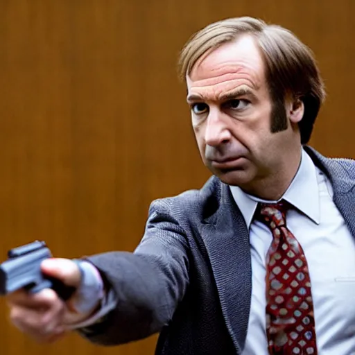 Prompt: saul goodman shooting a gun in a courthouse