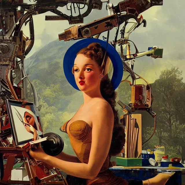 Image similar to robot artist painting a self - portrait on a canvas. intricate, highly detailed, digital matte painting in the style of gil elvgren and in the style of hans thoma. irony, recursion, inspiration.