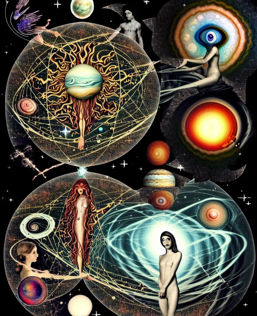 Image similar to inside the universe of a human body soul, whimsical uncanny creature alchemizes unique canto about'as above so below'being ignited by the spirit of haeckel and robert fludd, breakthrough is iminent, glory be to the magic within, to honor jupiter, surreal collage by ronny khalil