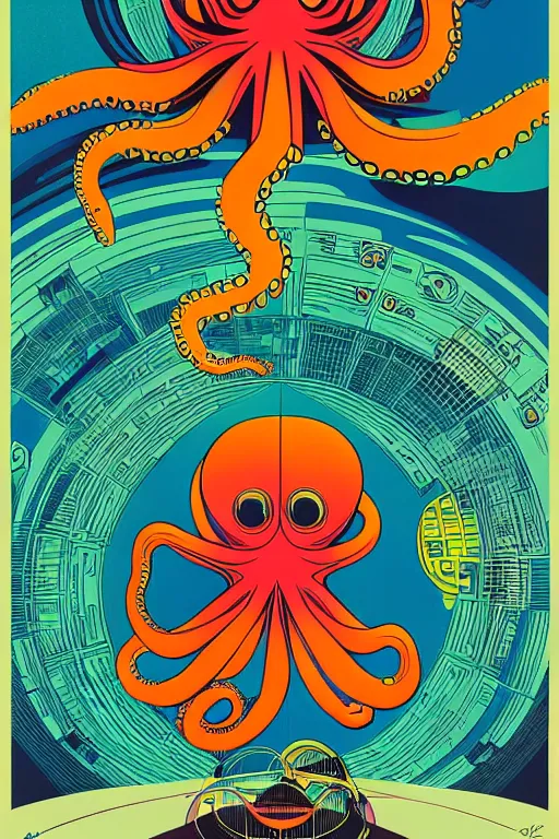 Prompt: a 6 0 s art deco octopus with the interior of an international space station fuill of electronic equipment, poster art by milton glaser, kilian eng, moebius, behance contest winner, psychedelic art, concert poster, poster art, maximalist