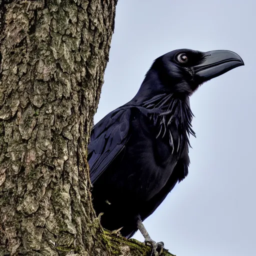 Prompt: A high quality photo of a raven perched on a tree, 4k, detailed, focus on a raven