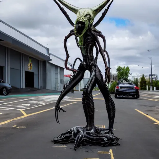 Image similar to a giant hr giger xenomorph alien queen standing on a busy walmart parking space in broad daylight. there are smashed cars