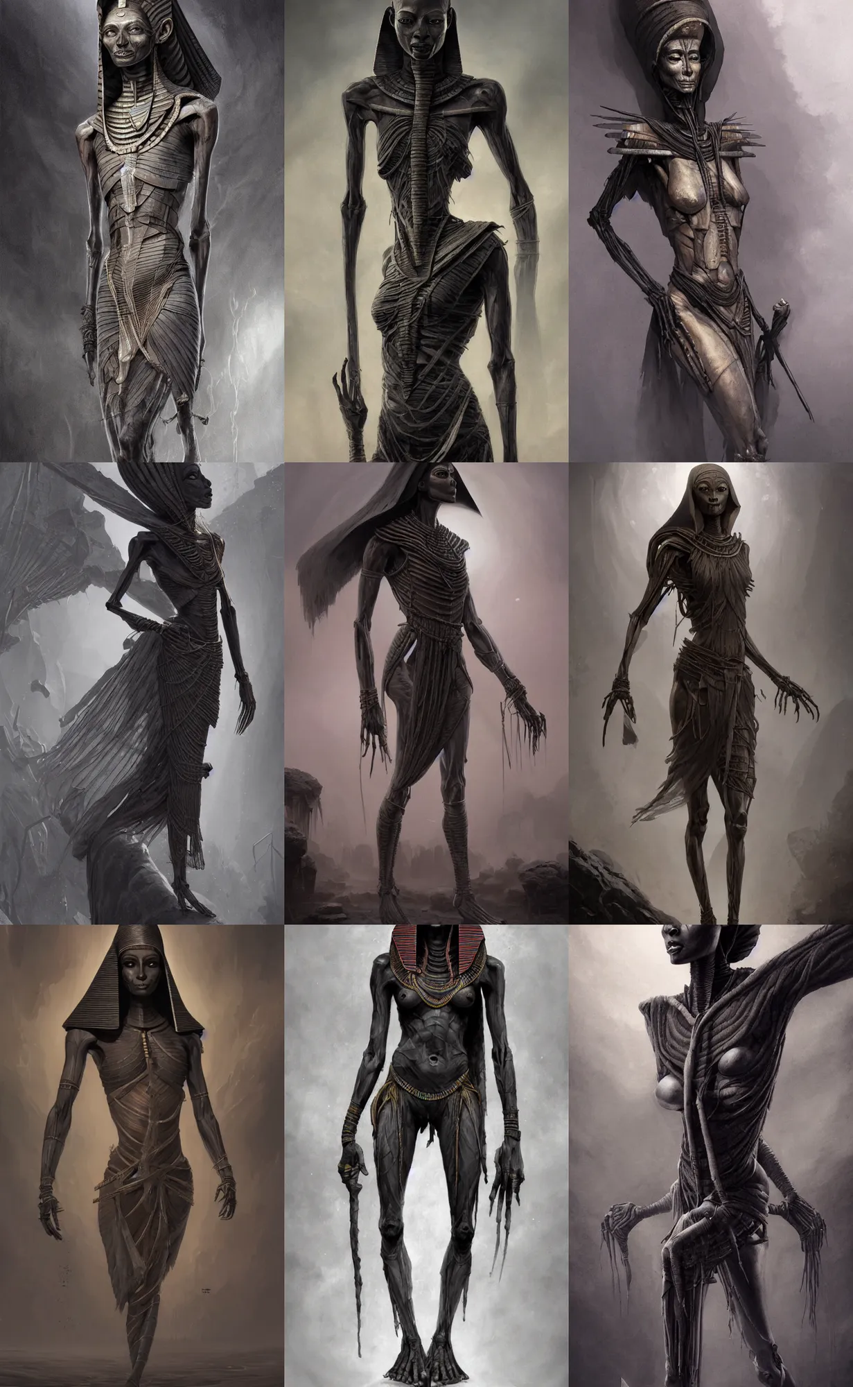 Prompt: dark grey skin, thin skeleton, egyptian mummy hatshepsut, full body shot, cold mist black background, highly detailed, digital painting, artstation, concept art, sharp focus, illustration, orientalism, art by aleksi briclot and mohrbacher and raphael lacoste and magali villeneuve