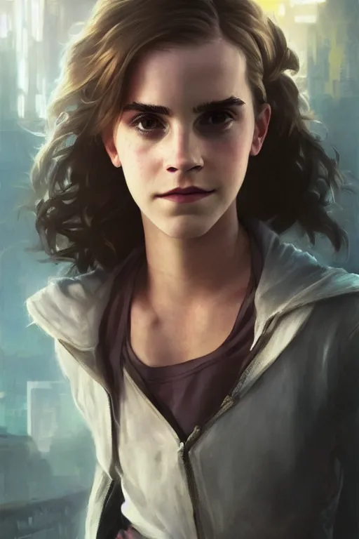 Image similar to portrait of cyborg Emma Watson as Hermione Granger in cyberpunk, neon lighting, night city, digital art from artstation by Ruan Jia and Mandy Jurgens and Artgerm and william-adolphe bouguereau and Greg Rutkowski and Wayne Barlowe