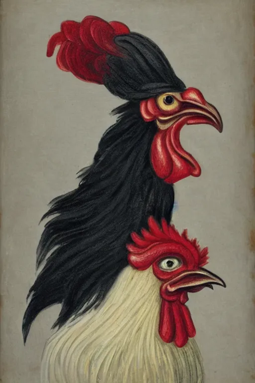 Prompt: portrait of a rooster, with top hat and monocle