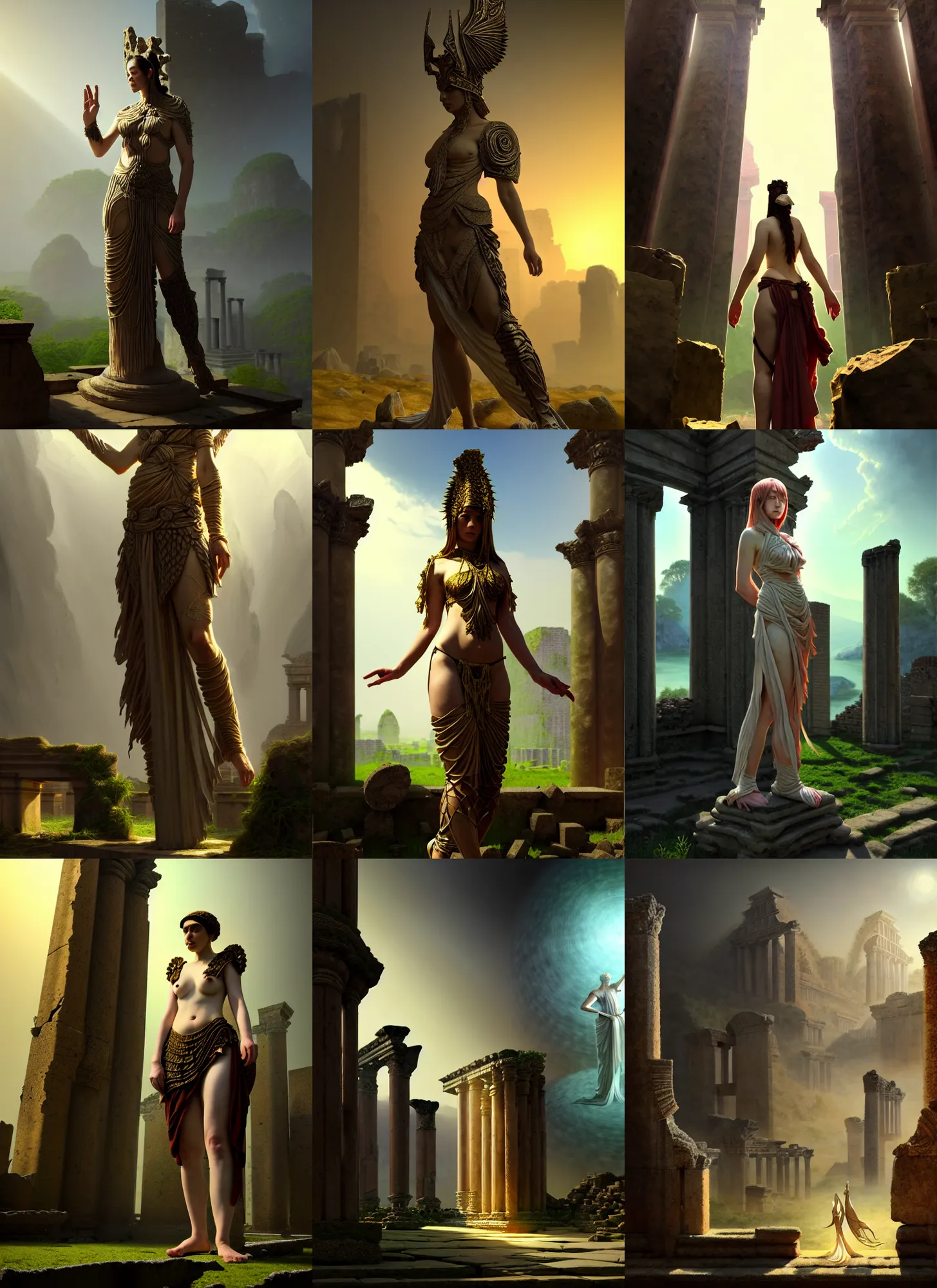 Prompt: costume design made for fractal gods, sophisticated composition, old masters light composition, procedurally generated, character posing for concept art, ancient ruins behind, substance designer, PBR, HD, Ultra detailed, hyperrealistic, megascans, volumetric light, concept by master artist, made in paint tool SAI2, trending pixiv face