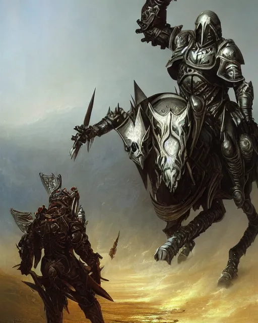 Image similar to a heavily armoured death knight by Thomas Cole and Wayne Barlowe