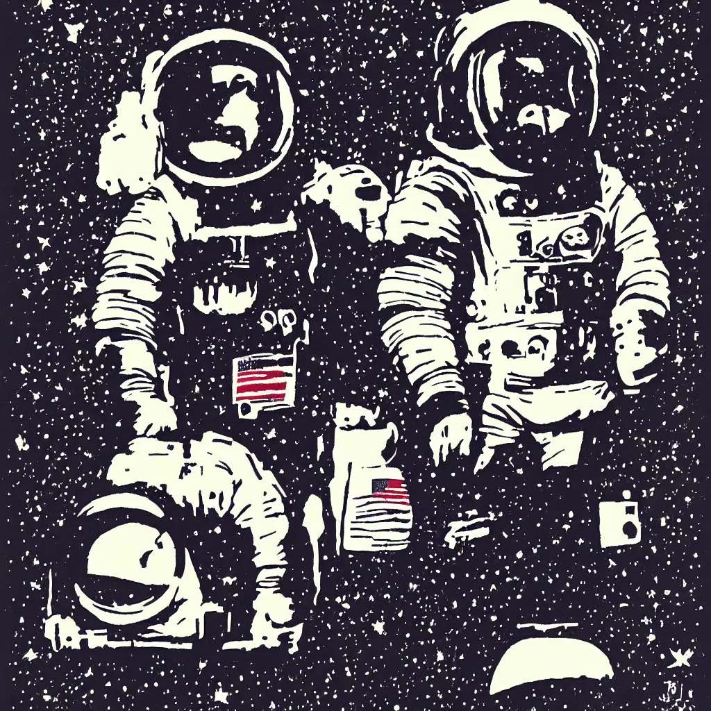 Image similar to individual furry astronaut silk screen portrait banksy style