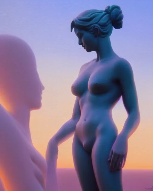 Image similar to a painting of a woman standing in front of a statue, a screenshot by stanley twardowicz, cgsociety, aestheticism, aesthetic, vaporwave, anime aesthetic