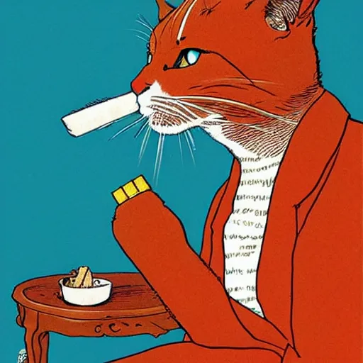 Image similar to a cat smoking a cigar, by moebius