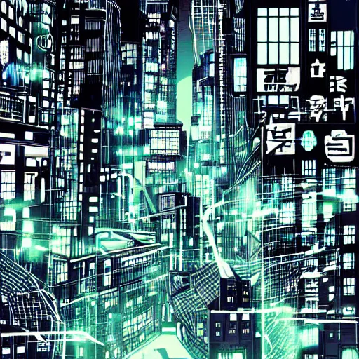 Image similar to a cyberpunks city drawn in the style of Hirohiko Araki, coloured, raining. Wires hanging from buildings. Dark tone, moonlight, stars