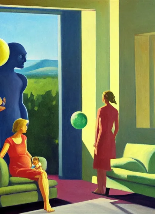 Image similar to painting of a family building getting lectured by a very large alien in their suburban living room, energetic orbs in the air, in the style of edward hopper
