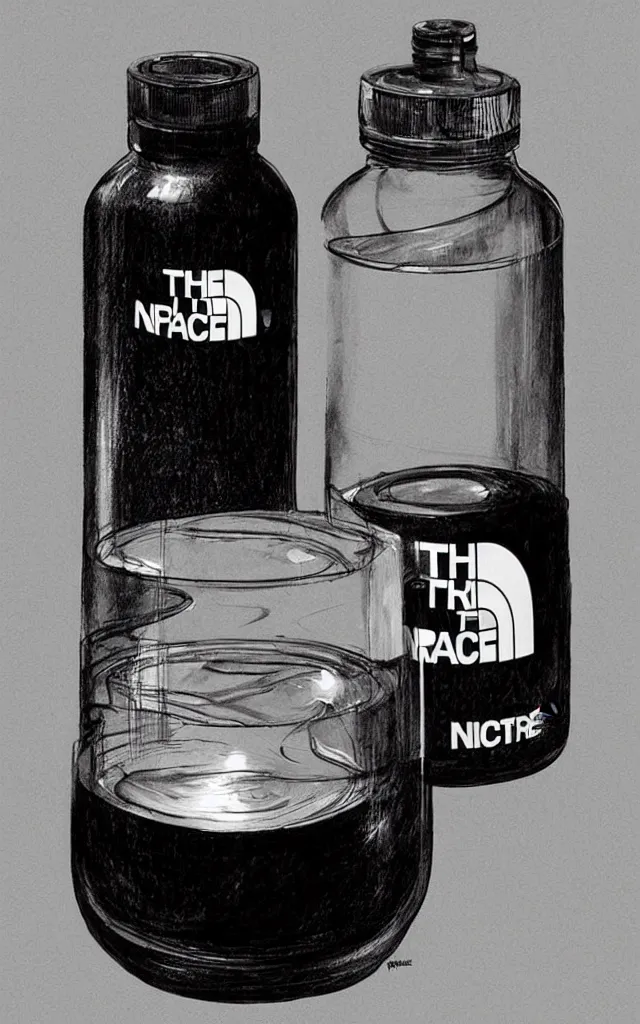 Prompt: the north face transparent bottle, round bottle, black top, filled with luminous white liquid, concept art, matte, sharp focus, illustration, art by aenaluck, artgerm, modern