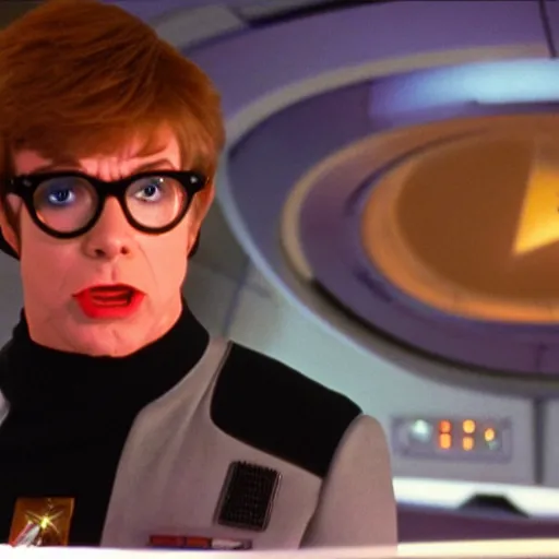 Prompt: austin powers as lieutenant riker on the bridge of the starship ncc-1701-d