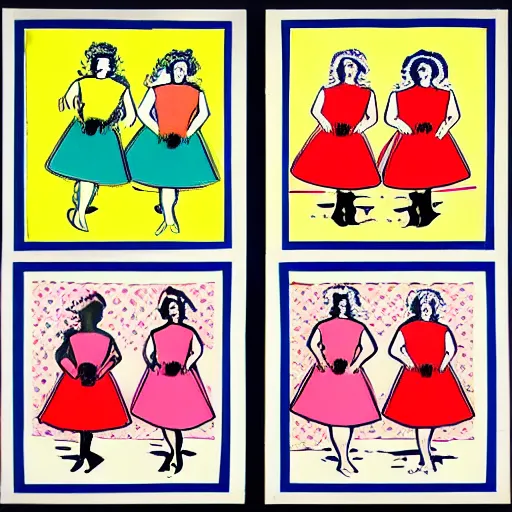 Image similar to seven hens wearing dresses, in the style of Andy Warhol