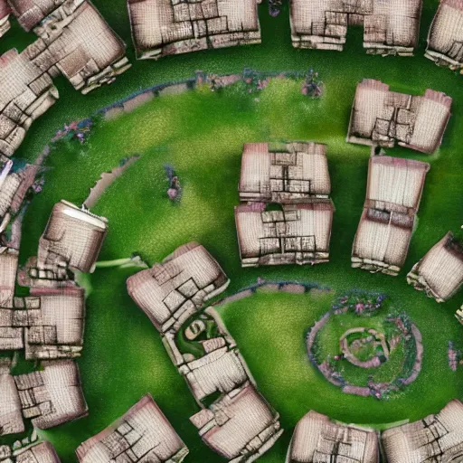 Image similar to a high definition depiction of a village infested by spiral shapes