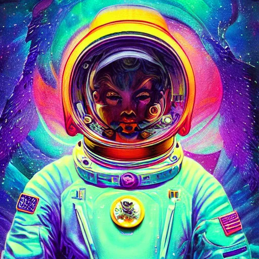 Image similar to An extremely psychedelic experience, colorful, surreal, dramatic lighting, cosmonaut, LSD, face, detailed, intricate, elegant, highly detailed, digital painting, artstation, concept art, smooth, sharp focus, illustration, art by Sam Spratt, Dan Mumford, Artem Demura and Alphonse Mucha