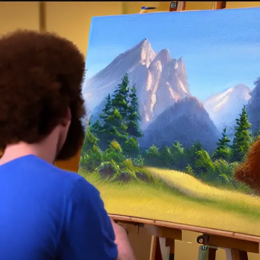 Image similar to a closeup photorealistic photograph of bob ross working on a canvas painting of the cookie monster. film still. brightly lit scene. mountains and trees. this 4 k hd image is trending on artstation, featured on behance, well - rendered, extra crisp, features intricate detail, epic composition and the style of unreal engine.