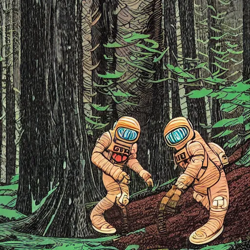 Prompt: highly detailed Moebius sci-fi comic panel illustration ape astronauts exploring a forest