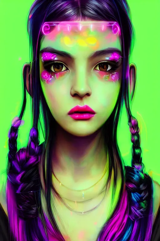 Image similar to An extremely beautiful neon-noir kawaii decora highly detailed HD portrait of a young attractive woman with a silky bio-luminiscent dress, neo-cyberpunk, professionally painted digital art illustration, smooth, sharp focus, atmospheric lighting, highly detailed illustration highlights, golden ratio, symmetrical facial features, extremely detailed winning award masterpiece, very coherent symmetrical artwork, sense of awe, 8K post-processing, trending on artstation flawless, prismatic highlights, telephoto, depth of field, cinematic, macro, concept art, wepa digital, elegant, epic, octane render, v-ray, C4D