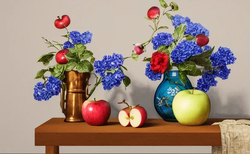 Prompt: Realistic still lifes photo studio, porcelain vase, apple, blue flowers, bottle of wine, skull, copper cup, golden hour 8k,High definition, ultra detailed