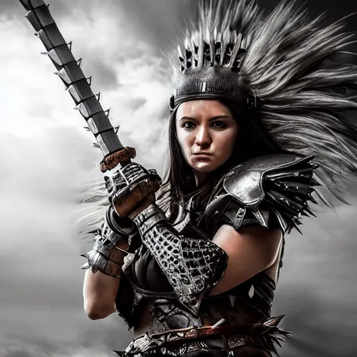 Prompt: female warrior with spiky armour holding a mace, highly detailed, dramatic lighting, cinematic, 4k