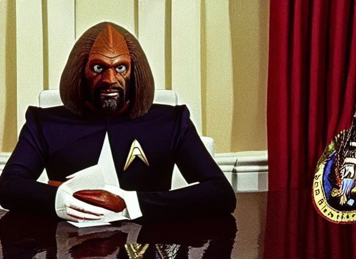 Prompt: worf from star trek as president of the united states, in the oval office, batleth hanging on wall, angry, ( ( photograph ) ), moody, realistic, detailed, skin tinted a warm tone