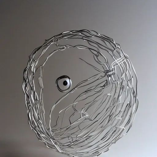 Prompt: pacman, wire sculpture, realistic silver metal wire sculpture, detailed and intricate