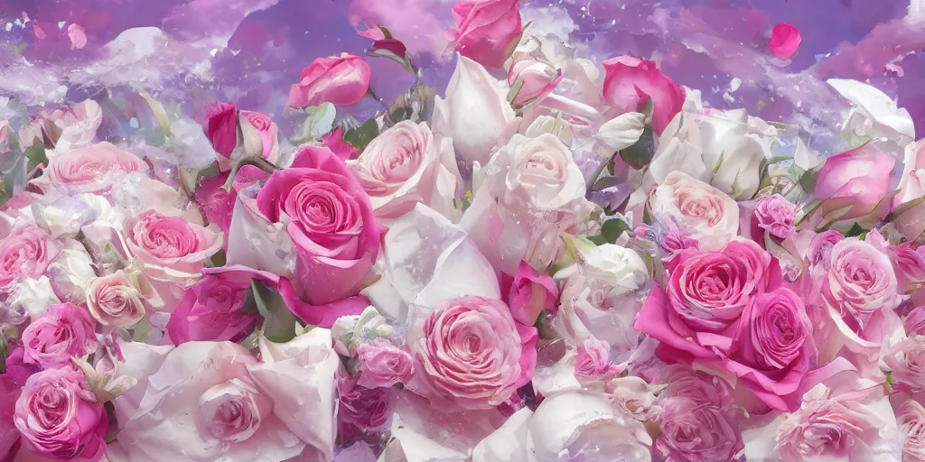 Image similar to background timelapse of magic invisible force blade slicing through a bouquet of white and pink roses, flowers exploding and splattering, big puffy clouds, exploding roses, large rose petals, lotus petals, large polygonal background elements, large polygons, studio ghibli anime, radiant lighting, artgerm, manga, trending on artstation, art nouveau, mature colors