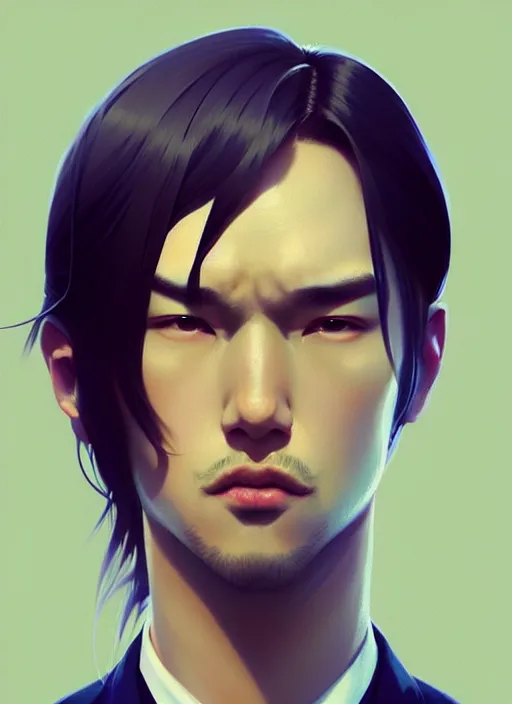 Prompt: a man in his twenties, handsome, asians ， long hair, suit ， perfect face, symmetric eyes, sharp focus, specular reflection, occlusion shadow, artstation, by ilya kuvshinov and jeremy lipking, light novel cover art, 3 d epic illustrations, symmetric body