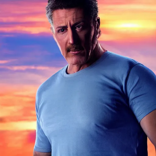 Image similar to A realistic photo of Mark Grayson from Invincible, hyper-realistic, 8K HDR, sunset.