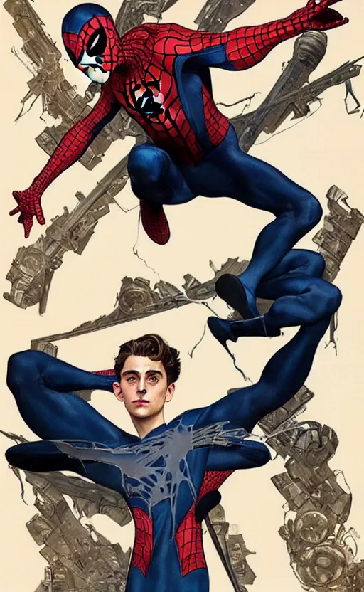 Image similar to Timothee Chalamet is Peter parker spiderman, +++ super super super dynamic posing, j.c. leyendecker, Valentina Remenar, thick eyebrows, super serious facial expression, upscaled