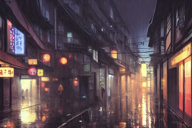 Image similar to a painting of a rain soaked back street in osaka at dusk, neon lights, dark figures walking, digital art, trending on artstation, by studio ghibli and greg rutkowski. spirited away. trending on artstation, hyperrealism, unreal engine