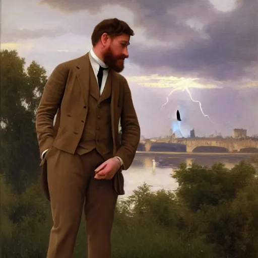 Prompt: mcgregor is dressed as a gentleman at early 2 0 th century paris. he is watching an easel. that easel has a canvas on it. ewan mcgregor has a brush on his hand. he is painting a painting. on background has river seine, morning sun, dark clouds, lightning, by william - adolphe bouguereau