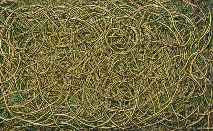 Image similar to a network of thick vines intertwined in the shape of a Celtic knot, central composition, in the style of Peter gric and Hannah yata 8k