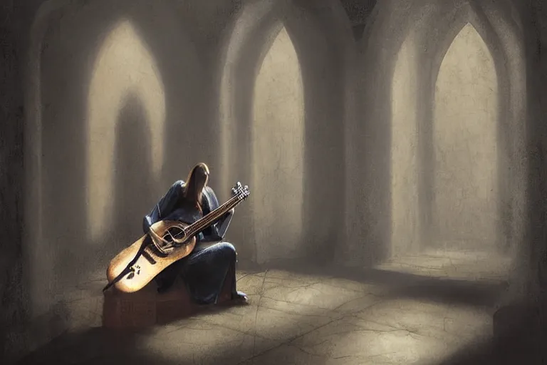 Prompt: still life. an empty brutalist chamber, lonely, somber, a cursed demonic istrument lute, oud, guitar designed by brian froud leans against the wall alone, abandoned. a thin wisp of smoke rises from the lute. late afternoon lighting cinematic fantasy painting by jessica rossier