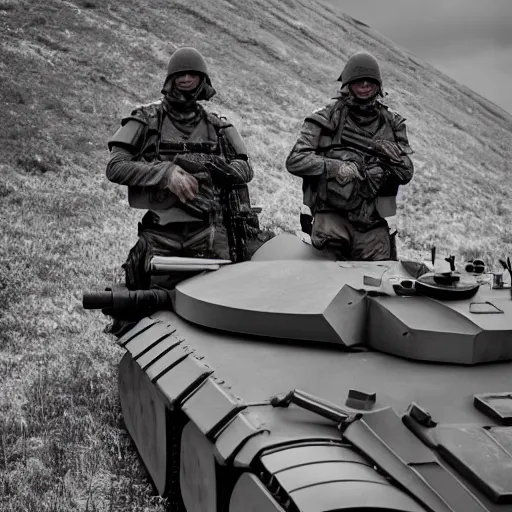 Prompt: British mercenaries wearing grey body armor hiding from a Russian tank, photo by Adam Ferguson, Pulitzer Winning, cinematic composition, breathtaking, modern, 2022