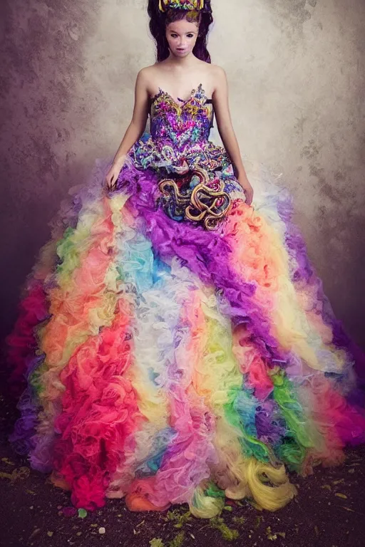 Image similar to A full body shot of a cute and mischievous young monster princess wearing an ornate gown. Covered in barnacles and tentacles. Dynamic Pose. Quinceanera dress. Rainbow palette. rainbowcore. Dramatic Lighting. Eldritch. defined facial features, symmetrical facial features. Opalescent surface. Emerging from the darkness. Elegant. By Ruan Jia and Artgerm and Range Murata and WLOP and Ross Tran and William-Adolphe Bouguereau. Key Art. realistic, Hyperdetailed. Fantasy Illustration. Masterpiece. artstation, award winning, sharp, details, HD, HDR, 4K, 8K.