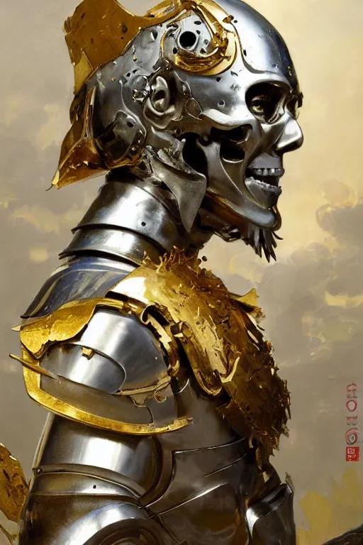 Image similar to beautiful expressive oil painting portrait of ancient cyborg god queen, silver armor, with a scratched gold skull mask ascending wearing a neo japan crown, art by anders zorn, wonderful masterpiece by greg rutkowski, beautiful cinematic light, american romanticism by greg manchess, jessica rossier
