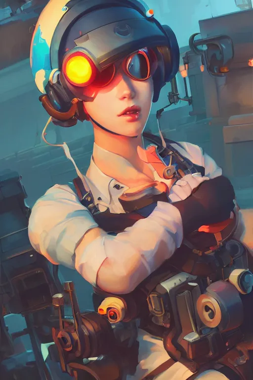 Prompt: a portrait of a cute female mechanic, industrial setting, overwatch art team, action pose, vivid colors, soft lighting, atmospheric, cinematic, moody, splash art in the style of ilya kuvshinov and range murata, oil on canvas, 8 k
