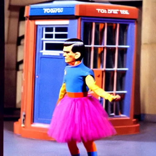 Image similar to color photo of spock in a tutu exiting the tardis