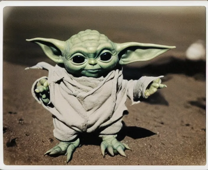 Prompt: polaroid photograph of a very detailed baby yoda!!. grogu. at the beach next to a big seagull!!!!. photo by martin parr and annie lebovitz. 3 5 mm lens