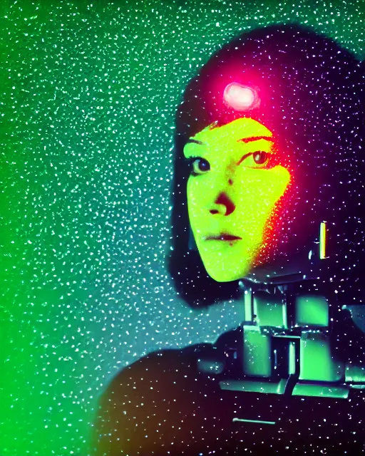 Image similar to robotic woman's face, blank expression, violet and yellow and green lighting, polaroid photo, atmospheric, whimsical and psychedelic, grainy, expired film, super glitched, corrupted file, blobs