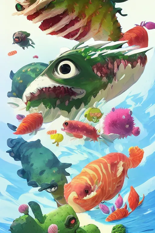 Image similar to 3 d render creature animal sushi cristal very big eye roots cactus elemental flush of force nature micro world fluo fishscale, comics gta 5 cover, official fanart behance hd artstation by jesper ejsing, by rhads, makoto shinkai and lois van baarle, ilya kuvshinov, ossdraws