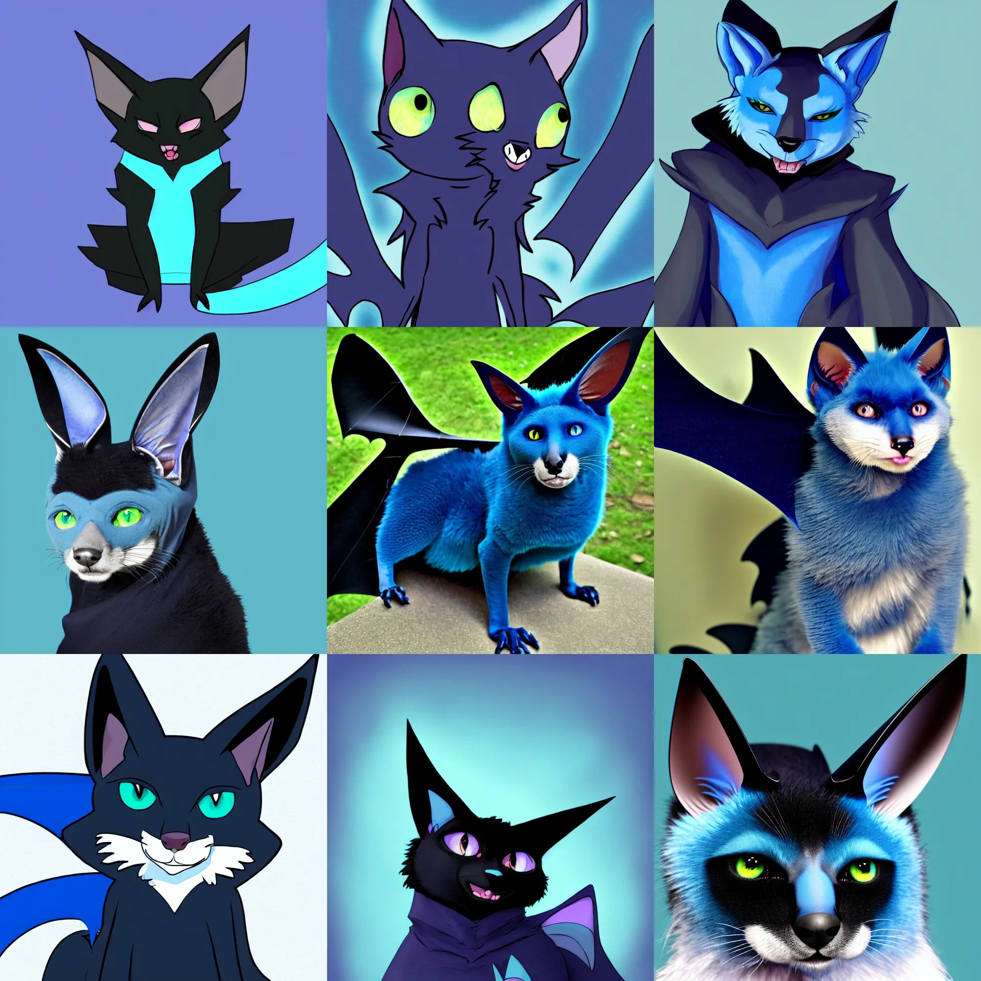 Prompt: a blue - and - black male catbat fursona with blue / green heterochromatic eyes and huge bat ears, photo of the catbat fursona on his computer