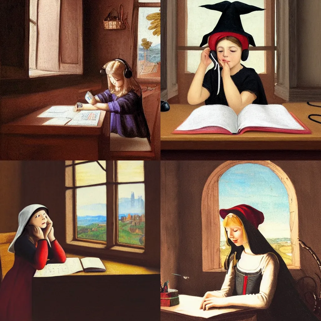 Prompt: girl wearing a witch hat and headphones doing homework at a desk next to a window with a medieval city outside, classical painting